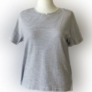 Westbound II Womens 1X Striped Cotton T-Shirt Grey White Notch Neck Short Sleeve